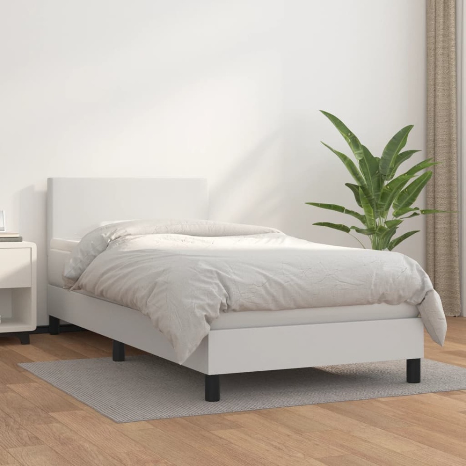 Pat box spring cu saltea, alb, 90x200 cm, piele ecologică