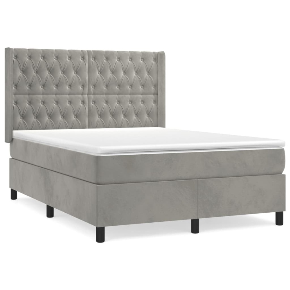 Pat box spring cu saltea, gri deschis, 140x190 cm, catifea - 1 | YEO