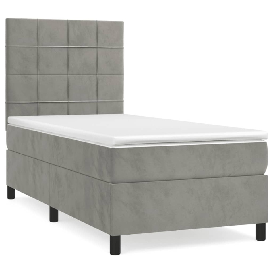 Pat box spring cu saltea, gri deschis, 90x200 cm, catifea - 1 | YEO