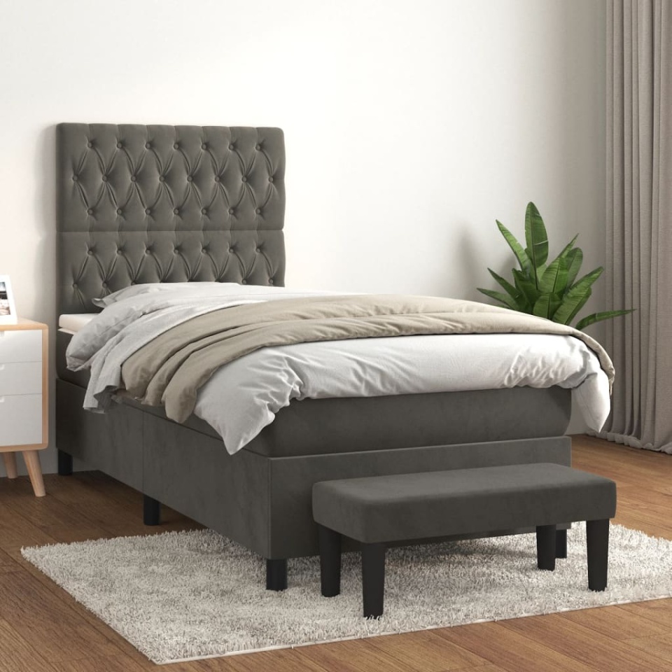 Pat box spring cu saltea, gri închis, 100x200 cm, catifea