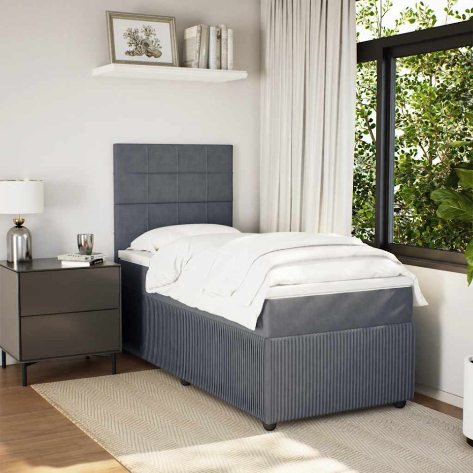Pat box spring cu saltea, gri închis, 90x190 cm, catifea