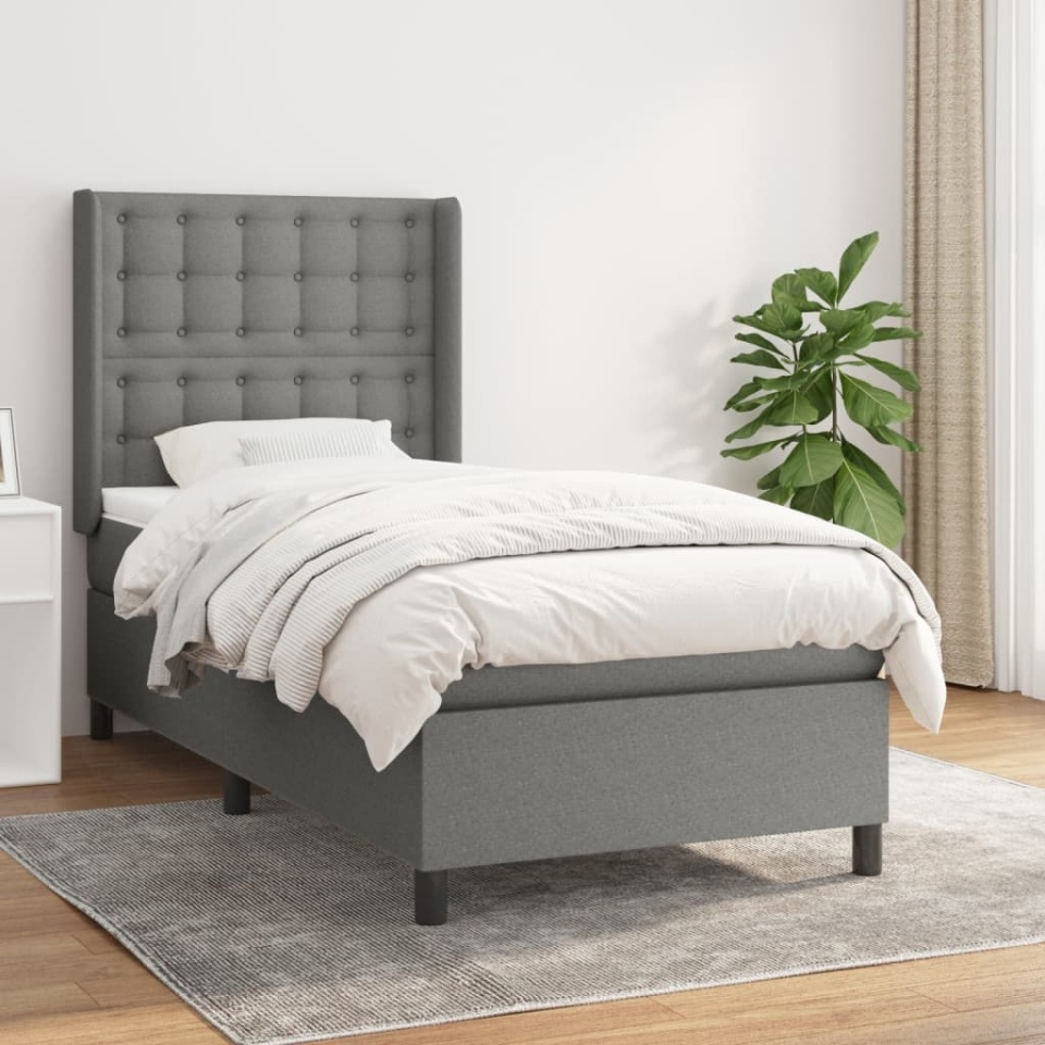 Pat box spring cu saltea, gri închis, 90x190 cm, textil