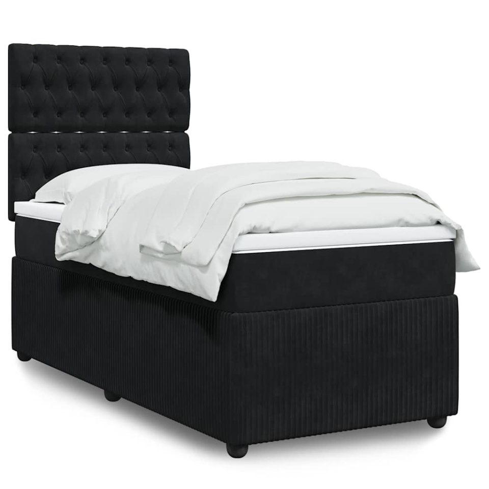 Pat box spring cu saltea, negru, 90x200 cm, catifea