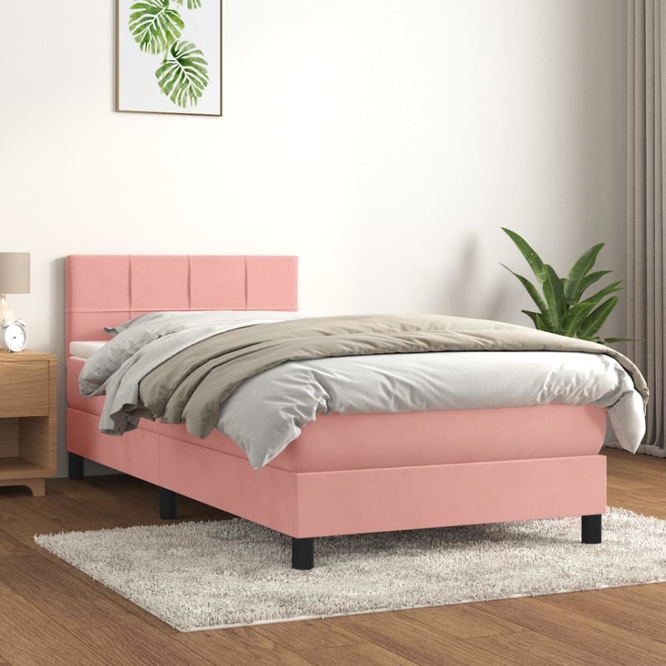 Pat box spring cu saltea, roz, 100x200 cm, catifea