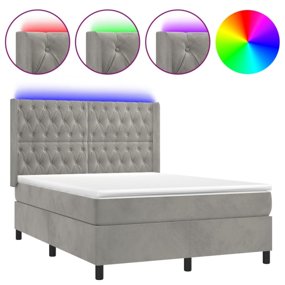 Pat continental cu saltea și LED gri deschis 140x190 cm catifea - 1 | YEO