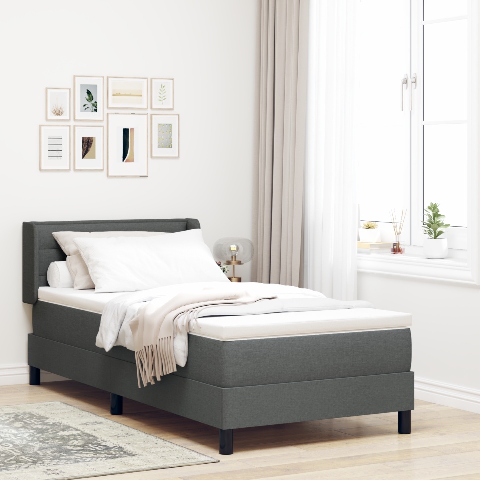 Pat cu arcuri cu saltea gri închis 90x200 cm din material textil, Tăblie de pat design linii gri închis 90 cm din material textil