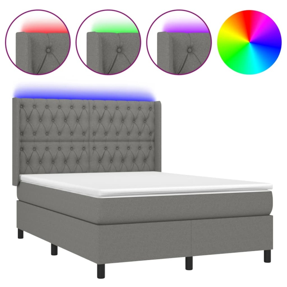 Pat cu arcuri, saltea și LED, gri închis, 140x190 cm, textil - 1 | YEO