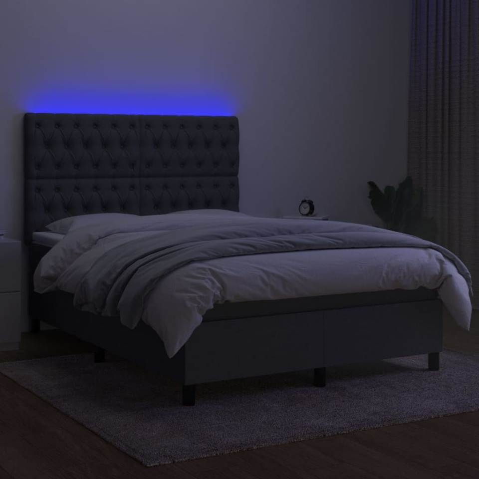 Pat cu arcuri, saltea și LED, gri închis, 140x190 cm, textil - 3 | YEO