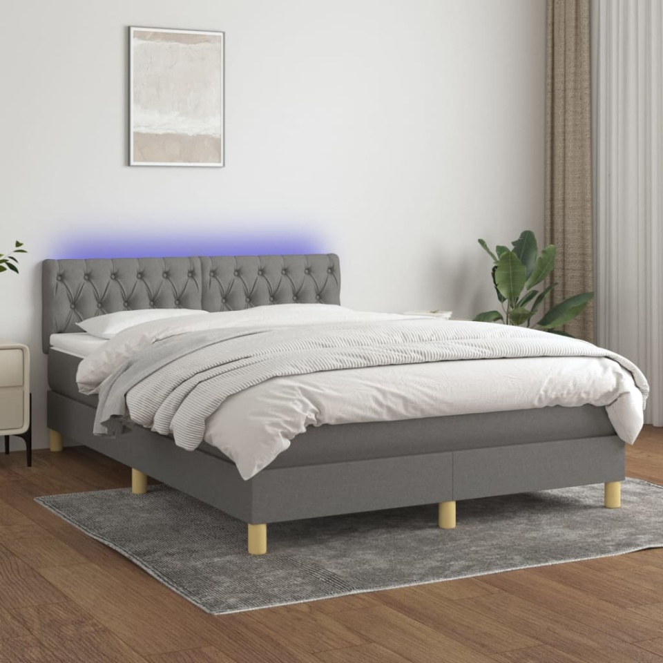 Pat cu arcuri, saltea și LED, gri închis, 140x200 cm, textil