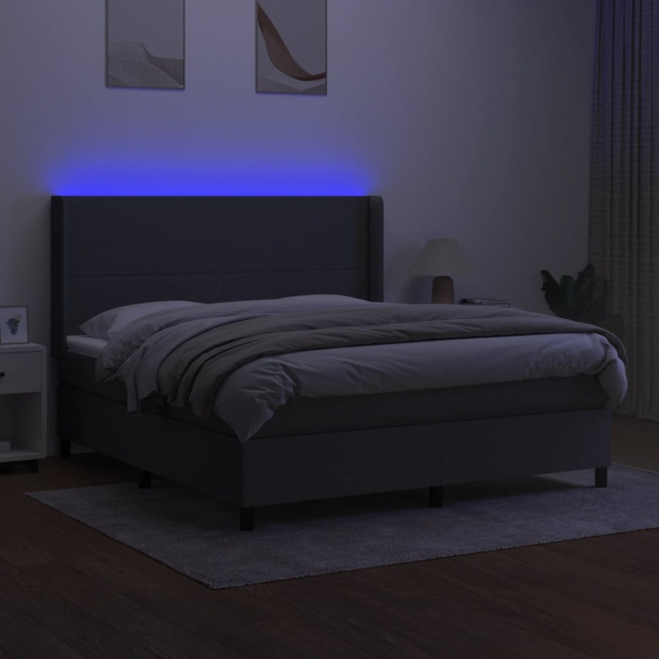 Pat cu arcuri, saltea și LED, gri închis, 180x200 cm, textil - 2 | YEO