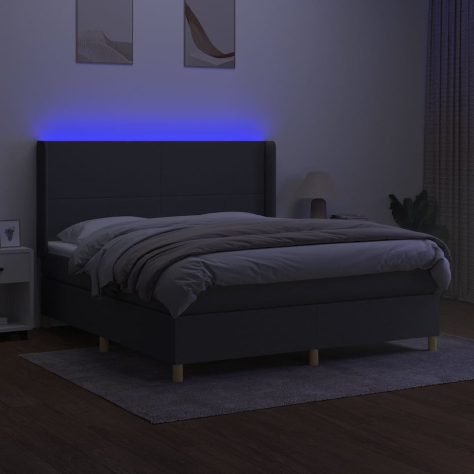 Pat cu arcuri, saltea și LED, gri închis, 180x200 cm, textil - 2 | YEO