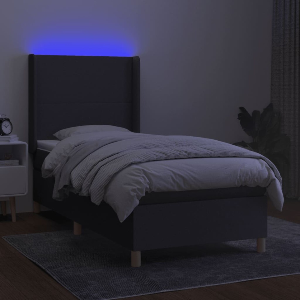Pat cu arcuri, saltea și LED, gri închis, 90x200 cm, textil - 2 | YEO