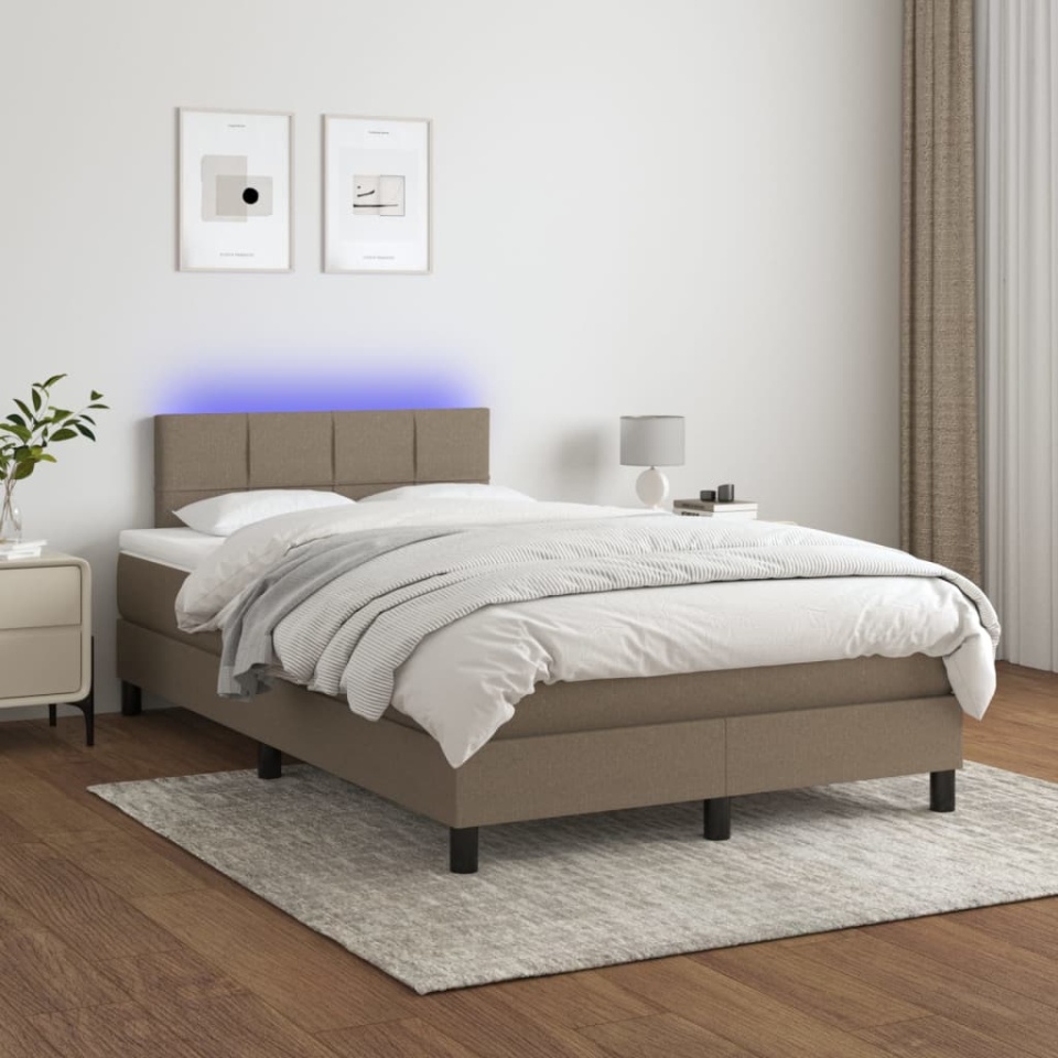 Pat cu arcuri, saltea și LED, gri taupe, 120x200 cm, textil