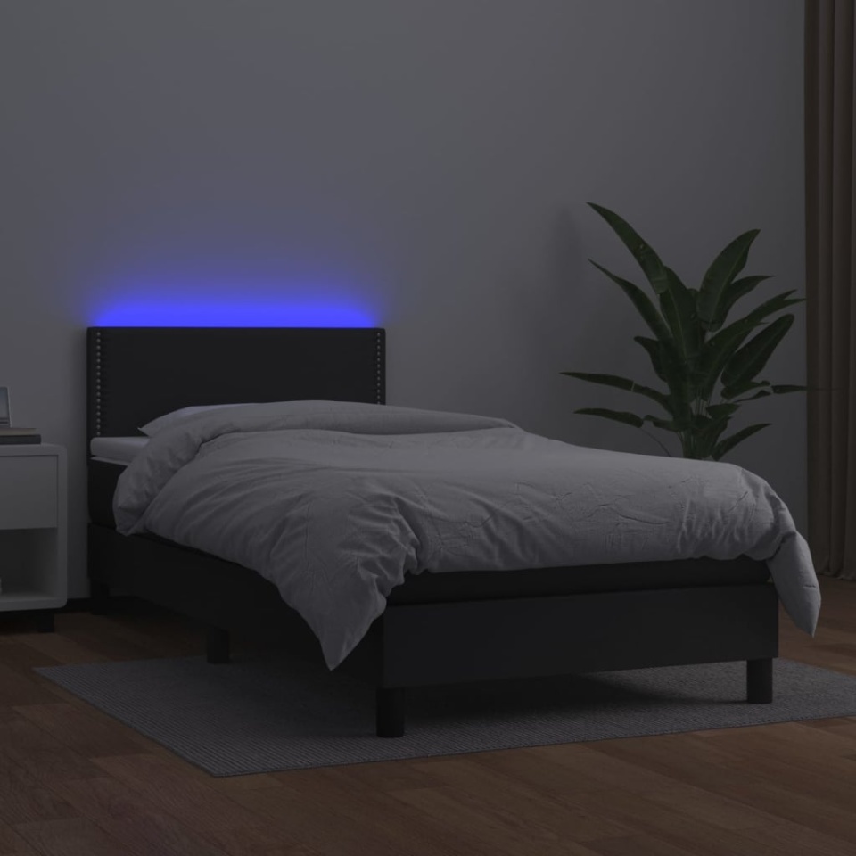 Pat cu arcuri, saltea și LED, negru, 90x190 cm, piele ecologică - 3 | YEO
