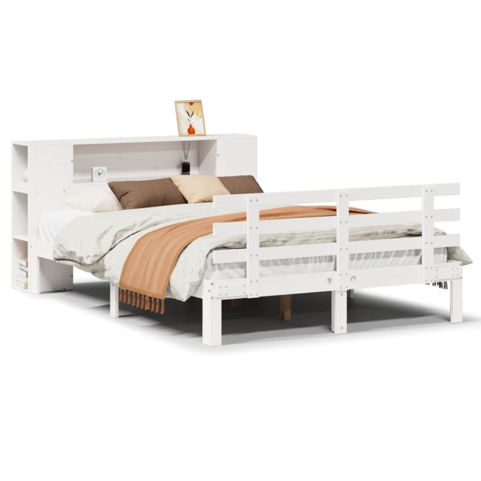 Pat cu bibliotecă fără saltea, alb, 140x190 cm, lemn masiv pin - 1 | YEO