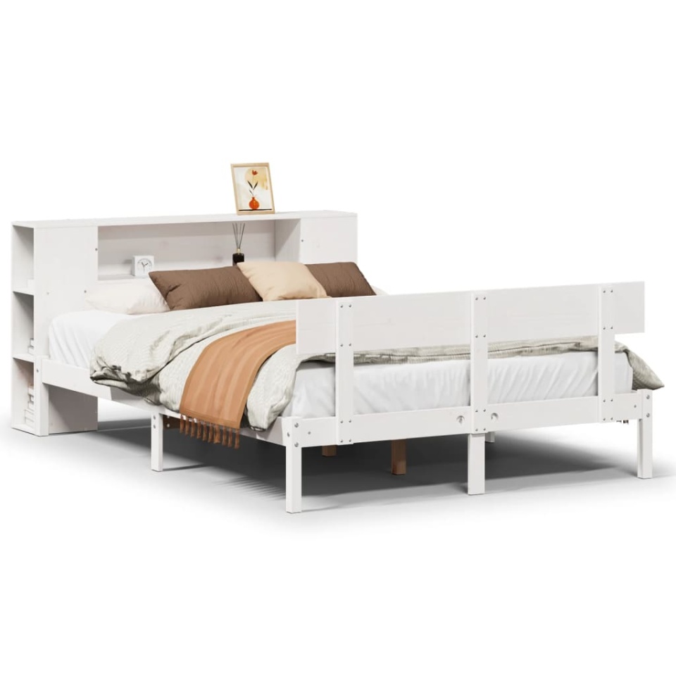 Pat cu bibliotecă fără saltea, alb, 140x190 cm, lemn masiv pin - 1 | YEO