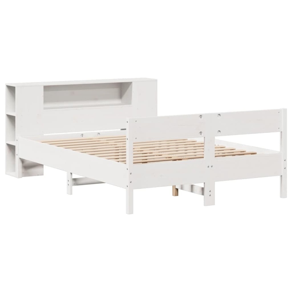 Pat cu bibliotecă fără saltea, alb, 140x190 cm, lemn masiv pin - 2 | YEO