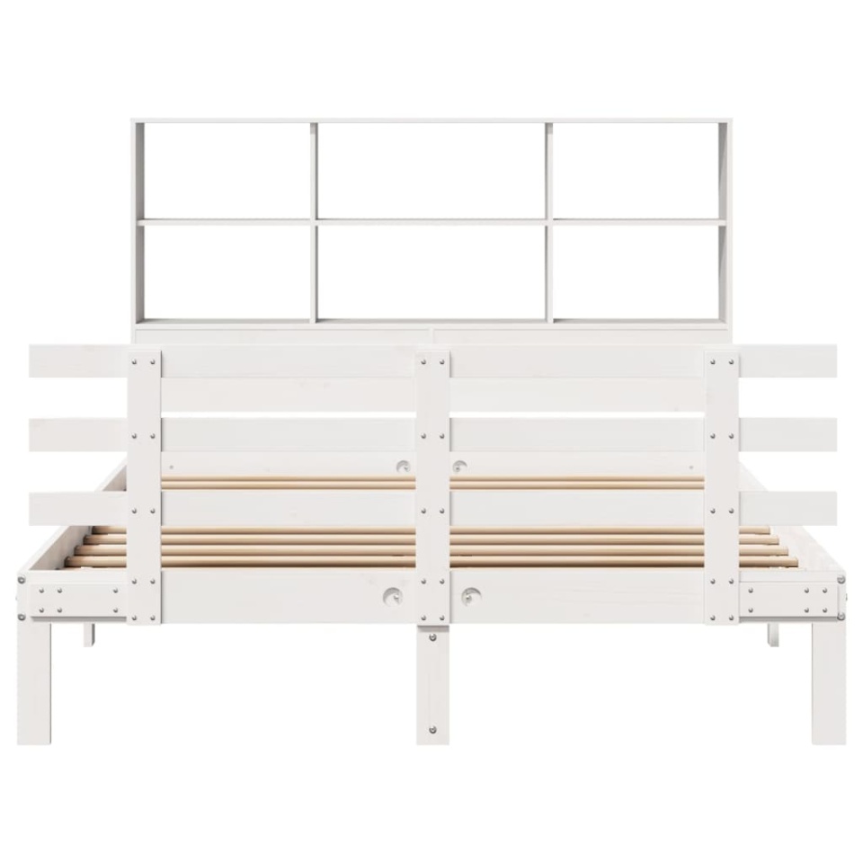 Pat cu bibliotecă fără saltea, alb, 140x190 cm, lemn masiv pin - 3 | YEO