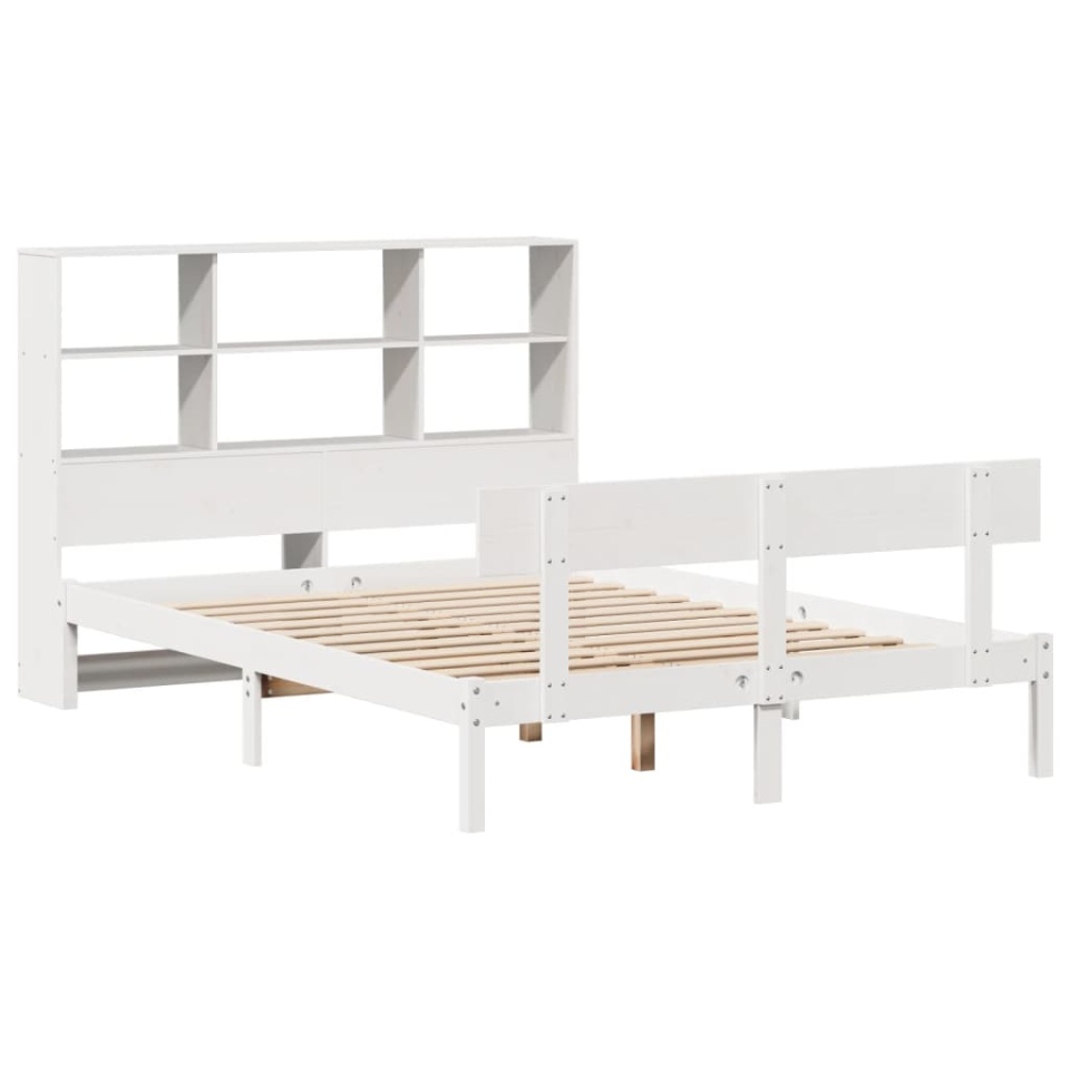 Pat cu bibliotecă fără saltea, alb, 140x190 cm, lemn masiv pin - 2 | YEO