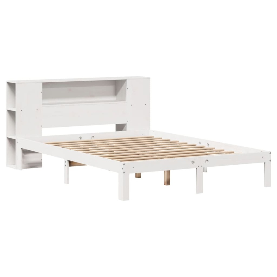 Pat cu bibliotecă fără saltea, alb, 140x200 cm, lemn masiv pin - 2 | YEO