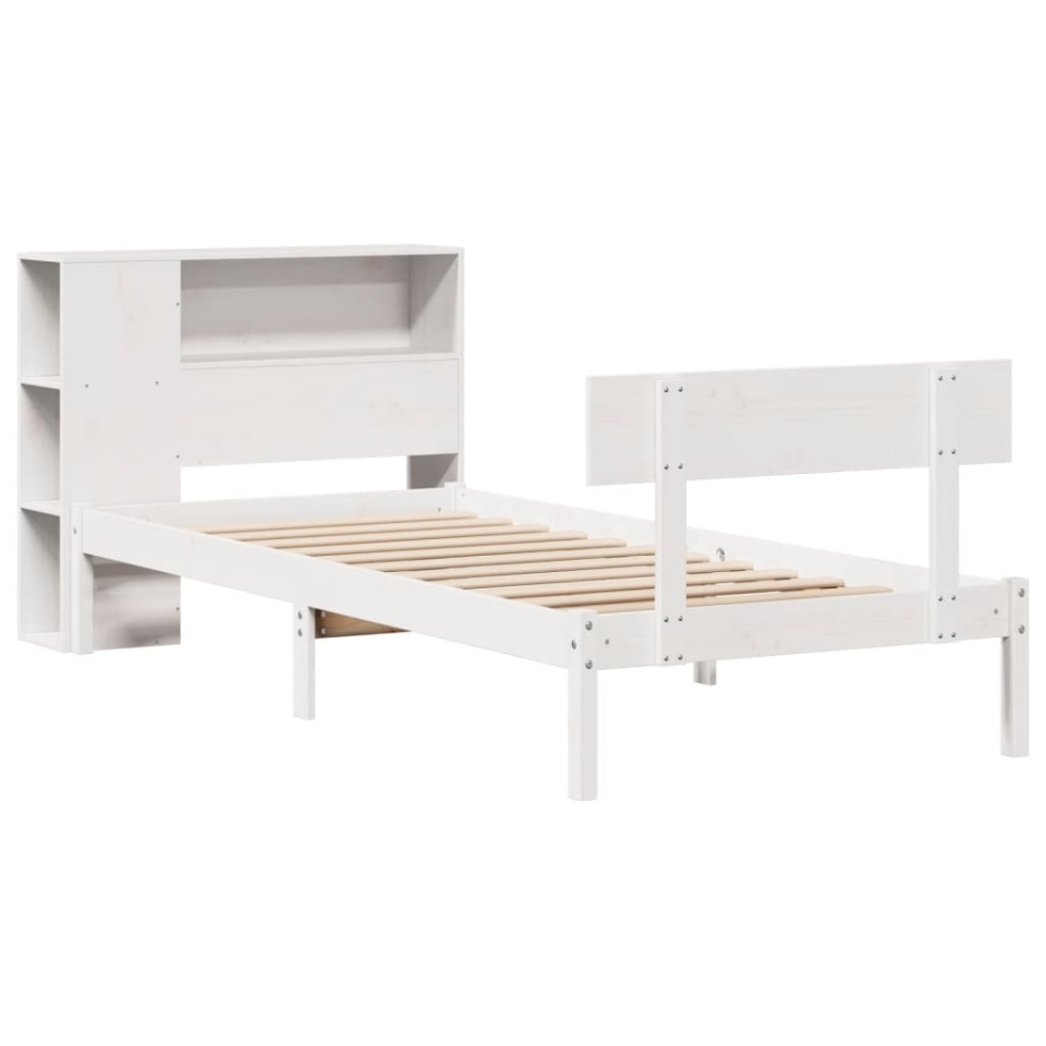 Pat cu bibliotecă fără saltea, alb, 90x190 cm, lemn masiv pin - 2 | YEO
