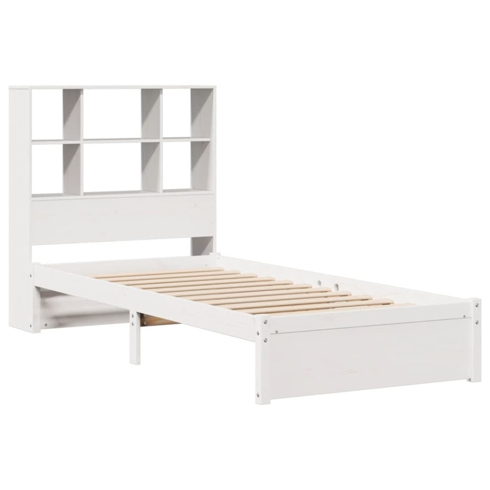 Pat cu bibliotecă fără saltea, alb, 90x200 cm, lemn masiv pin - 2 | YEO