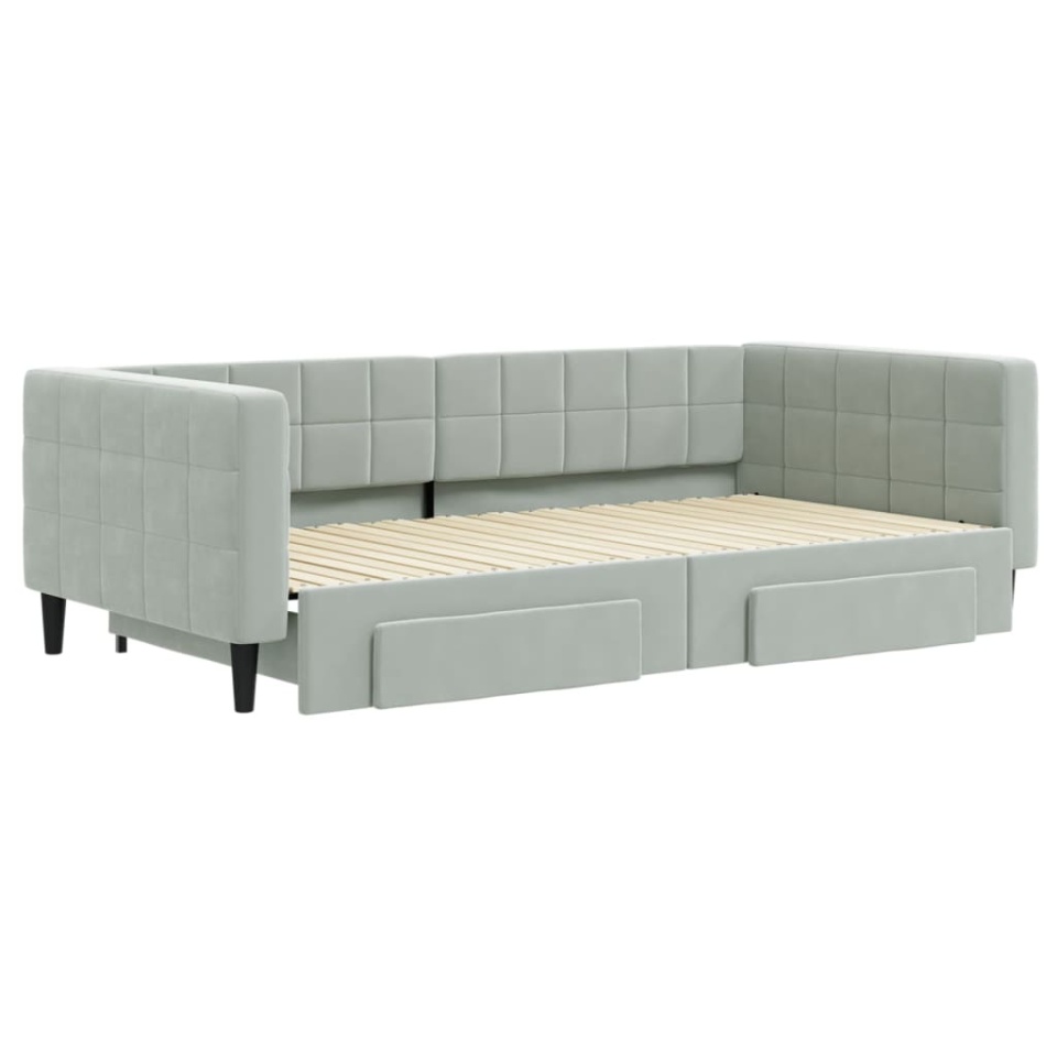Pat de zi cu extensie și sertare gri deschis 100x200 cm catifea - 2 | YEO