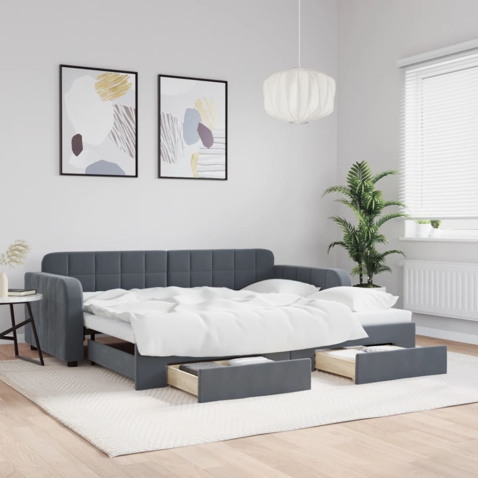 Pat de zi cu extensie și sertare gri închis 90x200 cm catifea