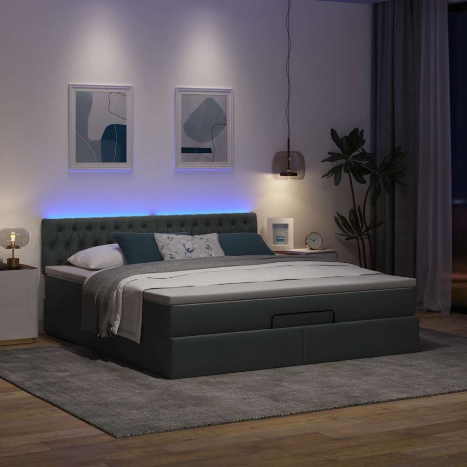 Pat otoman cu saltea și LED-uri, gri închis, 180x200cm, textil - 2 | YEO