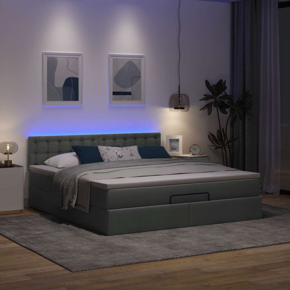 Pat otoman cu saltea și LED-uri, gri închis, 180x200cm, textil - 2 | YEO