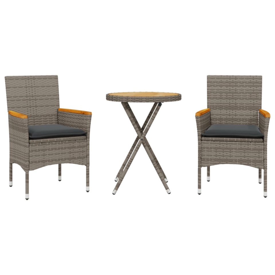 Set bistro cu perne, 3 piese, gri, poliratan și lemn acacia - 1 | YEO