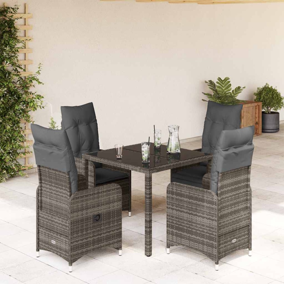 Set bistro de grădină cu perne, 5 piese, gri, poliratan - 1 | YEO