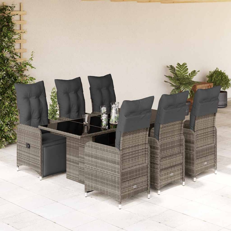 Set bistro de grădină cu perne, 7 piese, gri, poliratan
