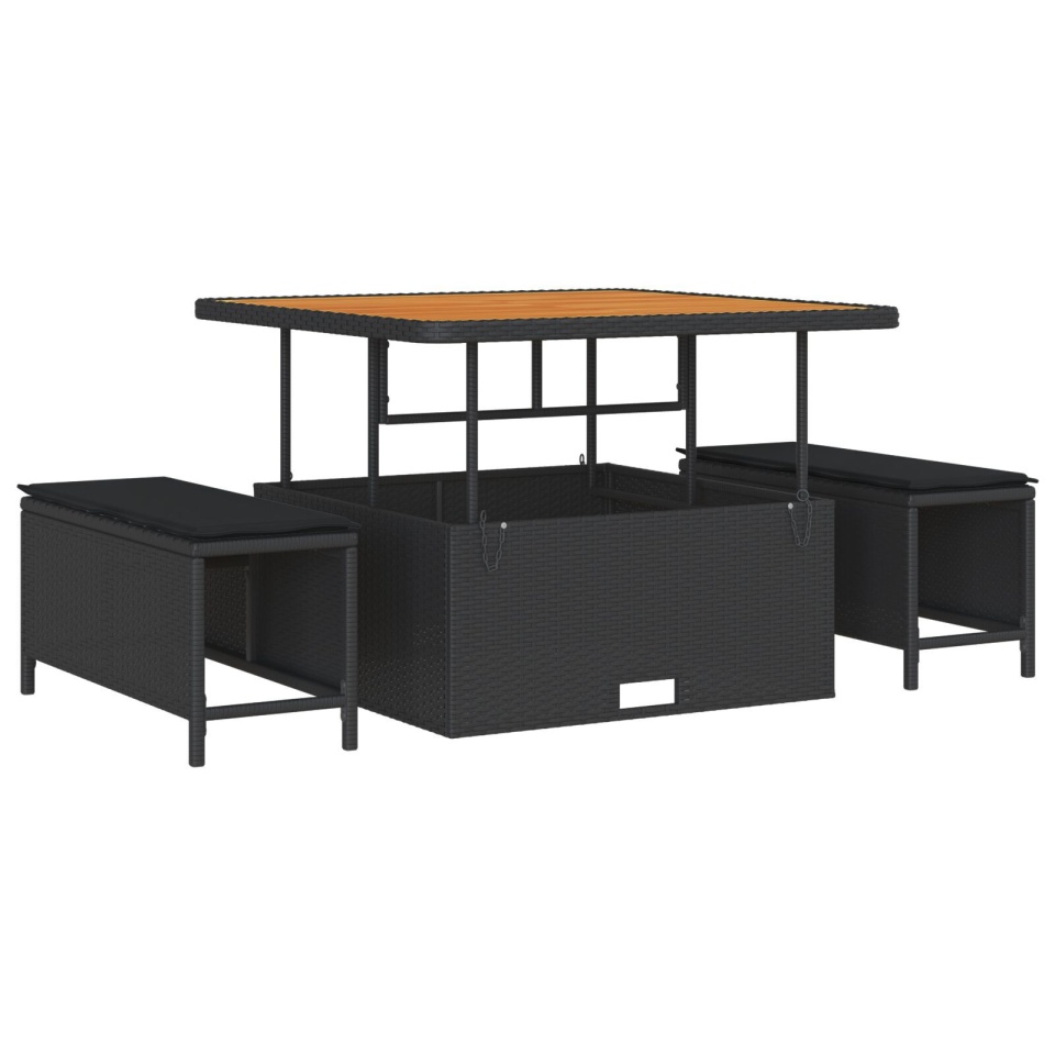 Set canapea de grădină cu 11 piese și perne - Poliratan negru Acacia, Canapea de grădină cu 2 locuri și spațiu de depozitare cu perne - Poliratan negru, Set dining de grădină cu 3 piese și perne - Poliratan negru Acacia - 3 | YEO