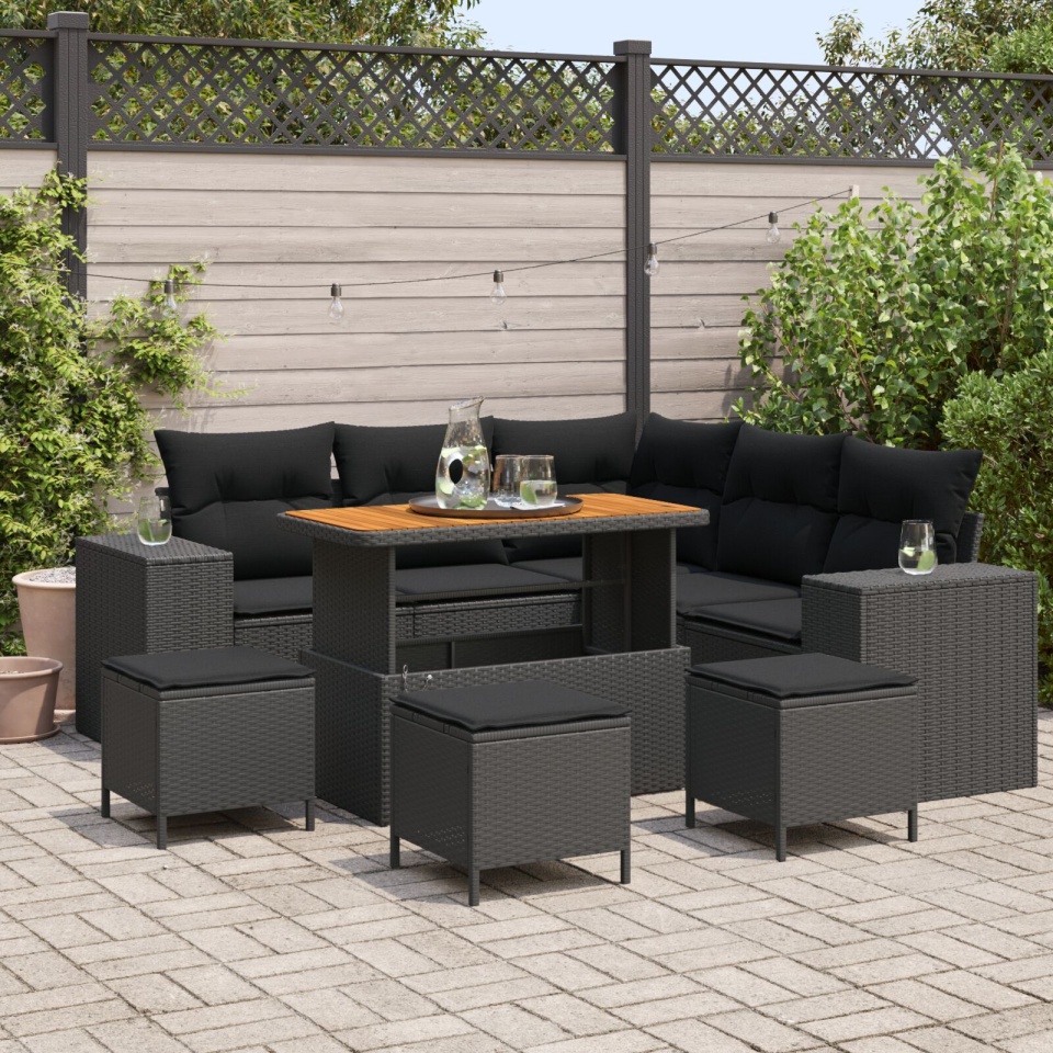 Set Canapea Grădină 8 Piese cu Perne Negru Poliratan Acacia, Set Dining Grădină 3 Piese cu Perne Negru Poliratan Acacia