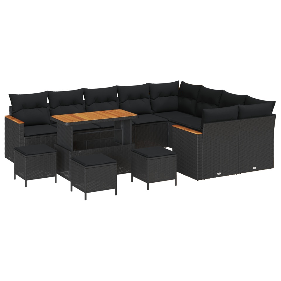 Set Canapea Grădină cu 13 Piese cu Pernă Negru Poli Ratan Acacia, Set de Dining Grădină cu 4 Piese cu Pernă Negru Poli Ratan Acacia - 1 | YEO