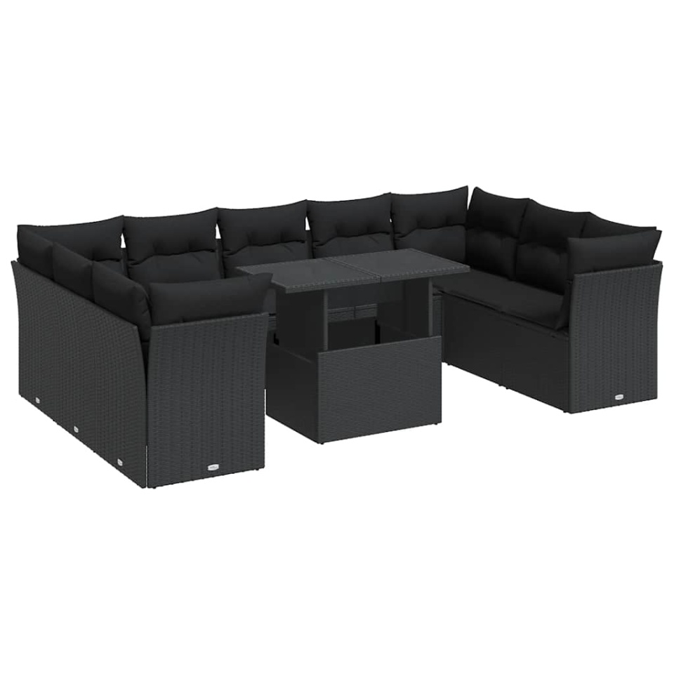 Set canapele de grădină cu perne, 10 piese, negru, poliratan - 1 | YEO