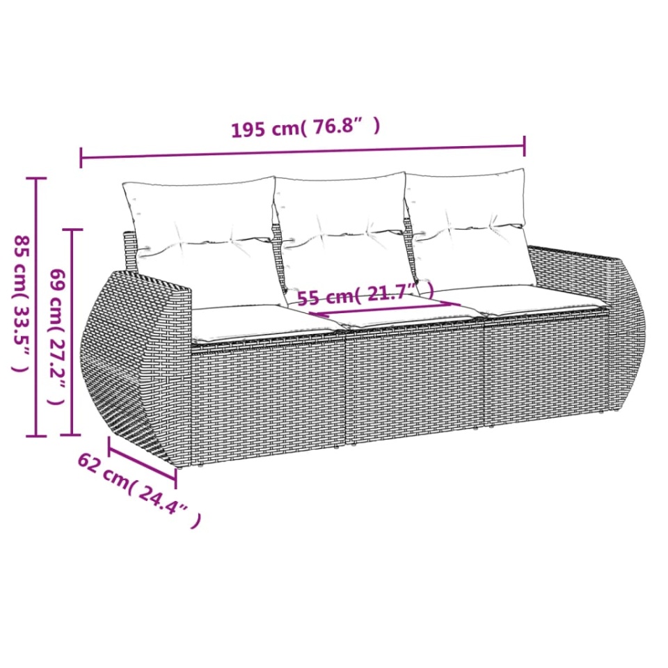 Set canapele de grădină cu perne, 3 piese, maro, poliratan - 2 | YEO