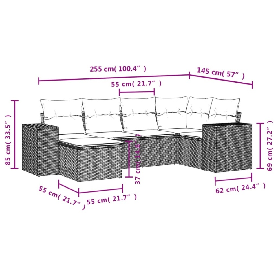 Set canapele de grădină cu perne, 6 piese, maro, poliratan - 2 | YEO