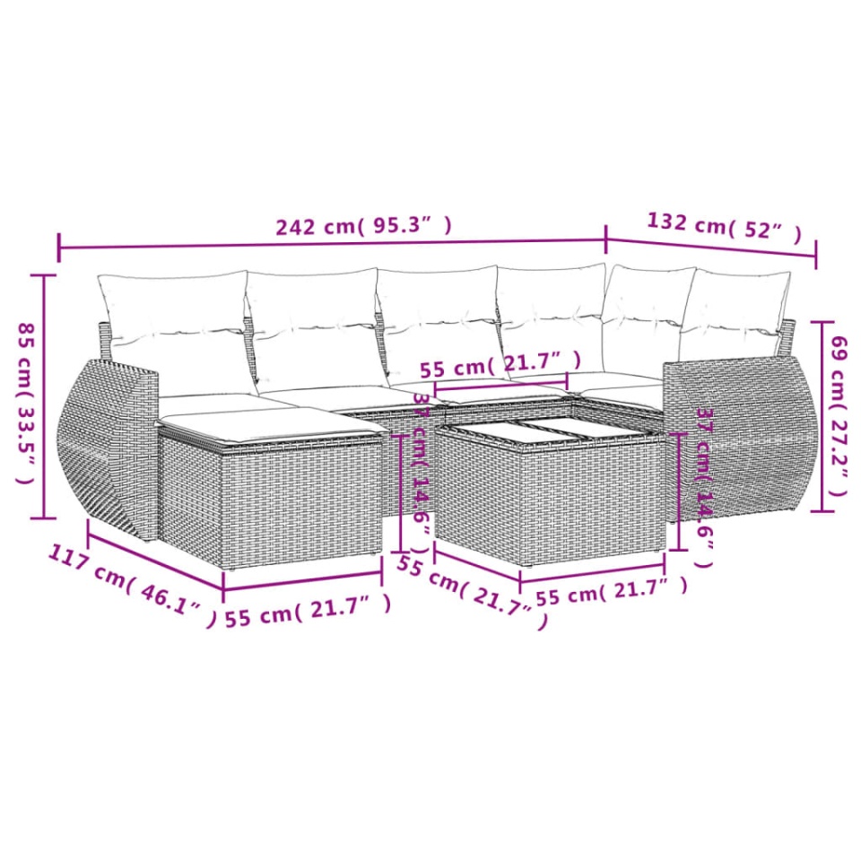 Set canapele de grădină cu perne, 7 piese, maro, poliratan - 2 | YEO