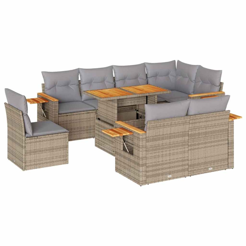 Set canapele grădină cu perne 9 piese bej poliratan/lemn acacia - 1 | YEO