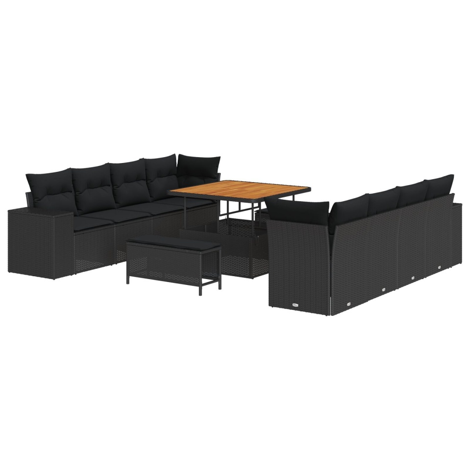 Set de 11 piese canapea de grădină cu perne Negru Poliratan Acacia, Set de 3 piese pentru cină în grădină cu perne Negru Poliratan Acacia - 1 | YEO