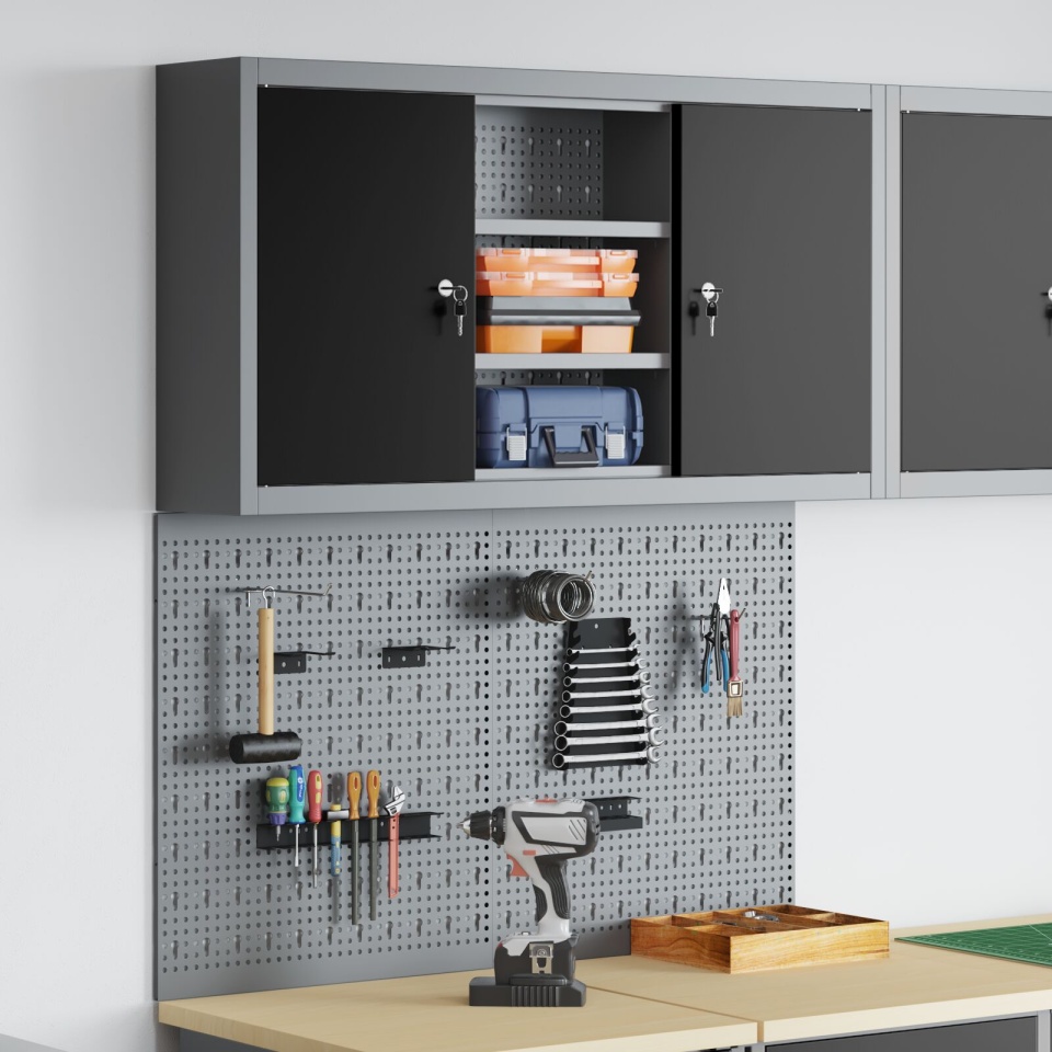Set de Birou cu 3 Piese și Panou pentru Unelte Montat pe Perete Metal Negru