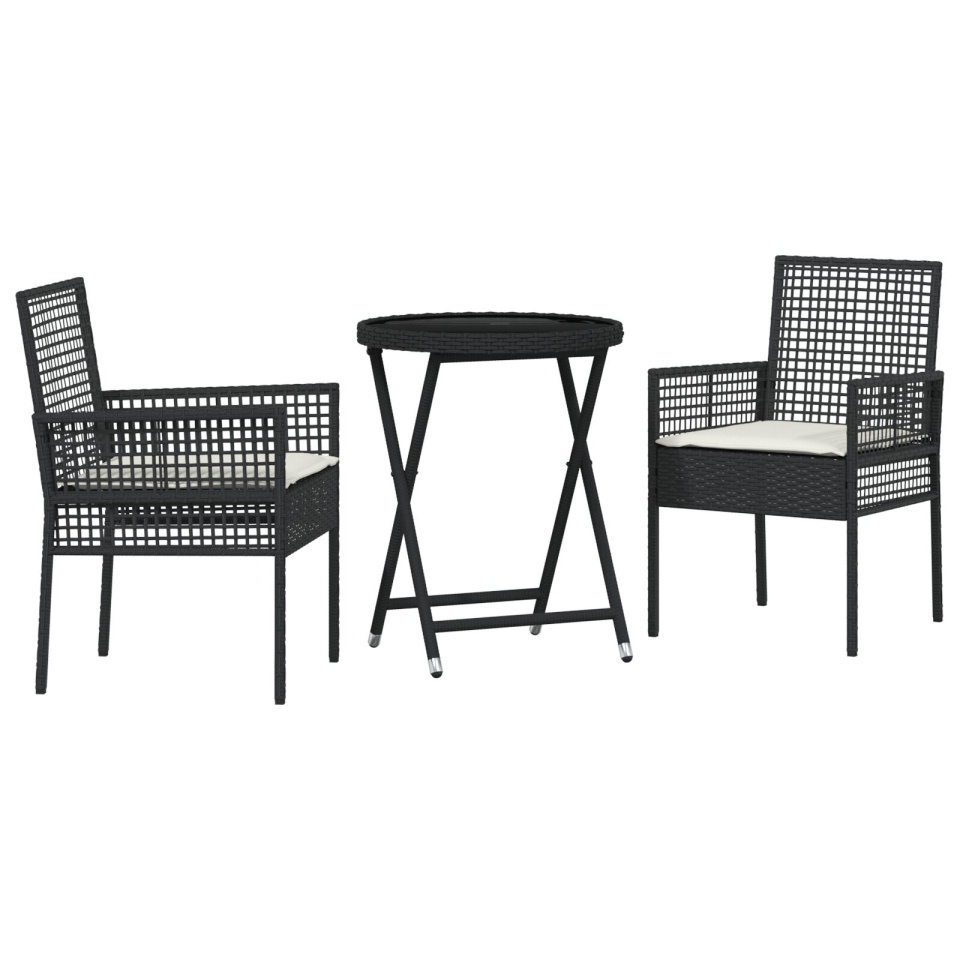 Set de Bistro pentru Grădină cu 3 Piese și Perne Negru Poly Rattan - 1 | YEO
