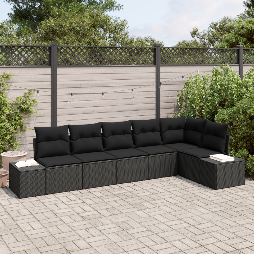 Set de canapea de grădină cu 6 piese și perne, Negru, Ratan poli