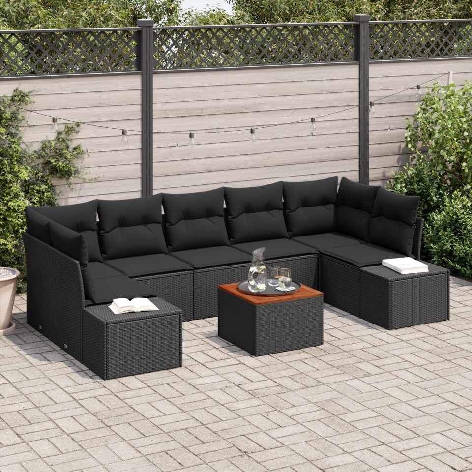 Set de canapea de grădină cu 8 piese cu perne, negru, poliratan, acacia