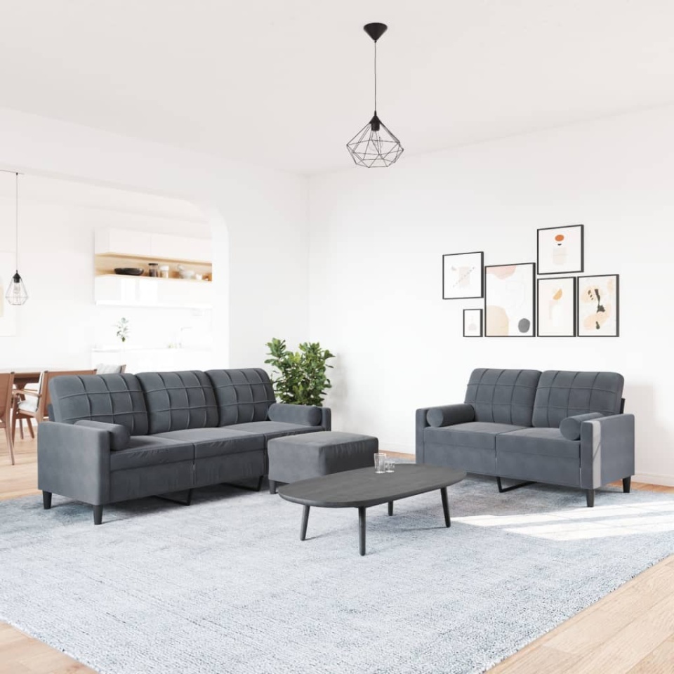 Set de canapele cu perne, 3 piese, gri închis, catifea - 2 | YEO