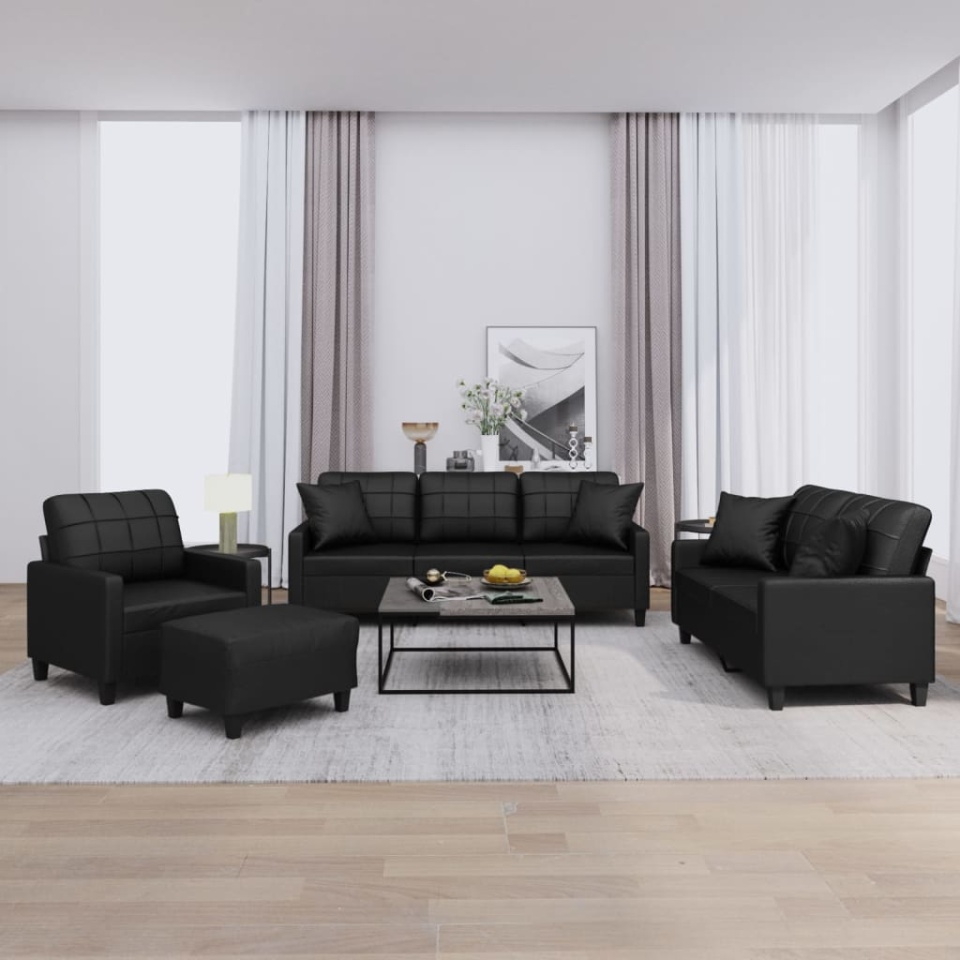 Set de canapele cu perne, 4 piese, negru, piele ecologică