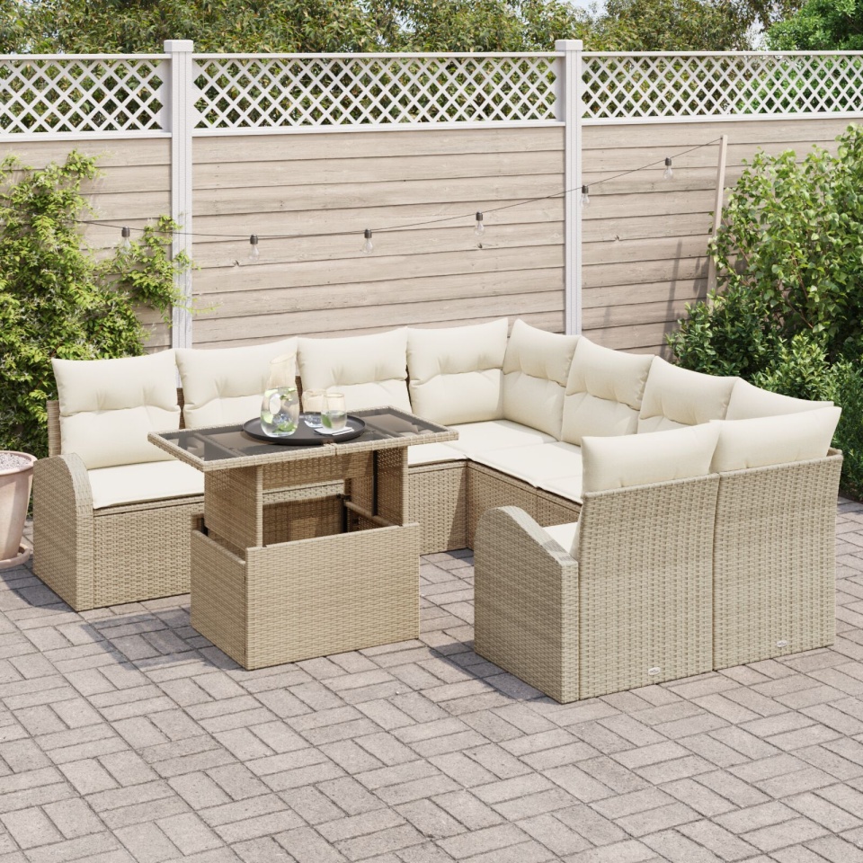 Set de Canapele pentru Grădină 9 Piese cu Perne Bej Ratan Poly, Canapea Grădină pentru 2 Persoane cu Stocare & Perne Bej Ratan Poly - 2 | YEO