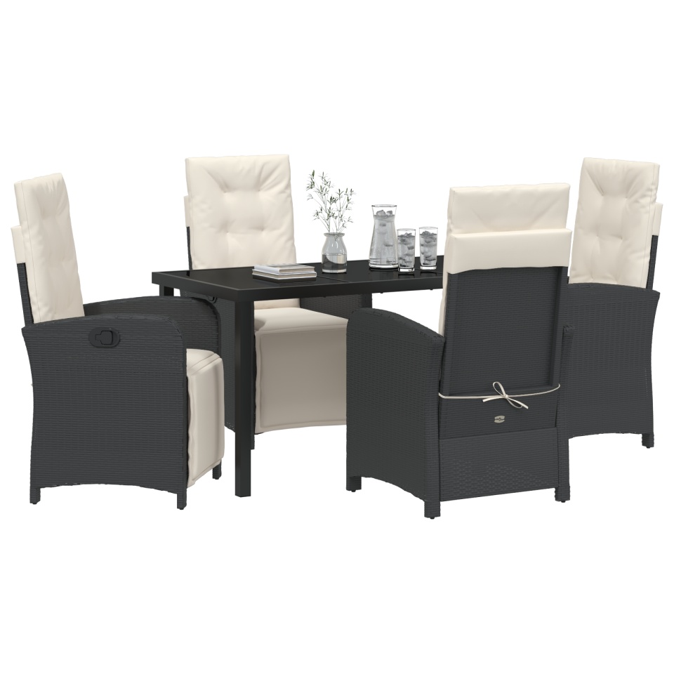 Set de dining în grădină cu 5 piese și perne din rattan poli negru, Masă de grădină neagră 140x80x73 cm din sticlă securizată - 2 | YEO